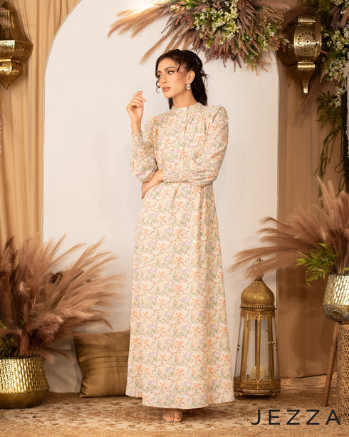 Printed Long Dress with Smocked Cuffs 60211